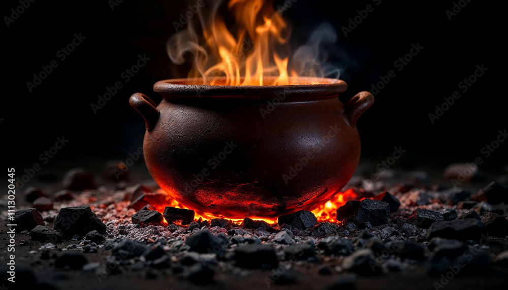 A rustic clay pot with flickering flames, glowing embers, and wisps of smoke. A rustic clay pot with flickering flames, glowing embers, and wisps of smoke.