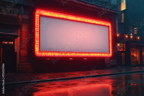 Retro blank marquee with neon lights on building facade at night. Empty billboard in urban setting. Rain reflects red lights on wet street. Vintage cinema style advertising template. Great for photo