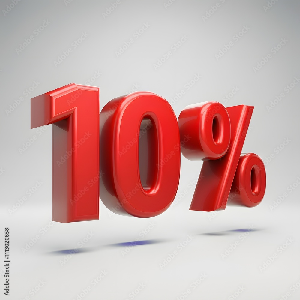 3D bold red text reading '10%' with a glossy finish and floating shadow effect, highlighted by rim lighting. Presented on a pure white background, offering a sleek and professional promotional design. 3D bold red text reading '10%' with a glossy finish and floating shadow effect, highlighted by rim lighting. Presented on a pure white background, offering a sleek and professional promotional design.