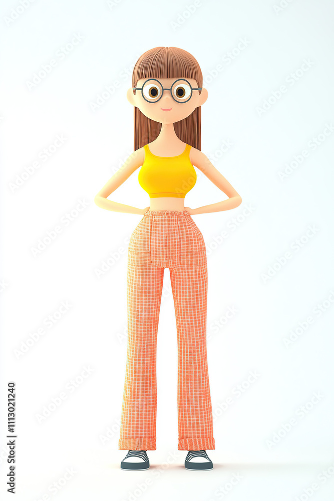 A stylized cartoon character with glasses, wearing a yellow top and orange pants. A stylized cartoon character with glasses, wearing a yellow top and orange pants.