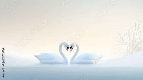 Elegant Pair of Swans Creating Heart Shape in Serene Misty Waterscape photo