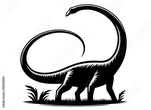 majestic brachiosaurus and palm trees in silhouette – black vector collection