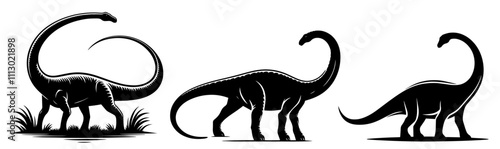 majestic brachiosaurus and palm trees in silhouette – black vector collection