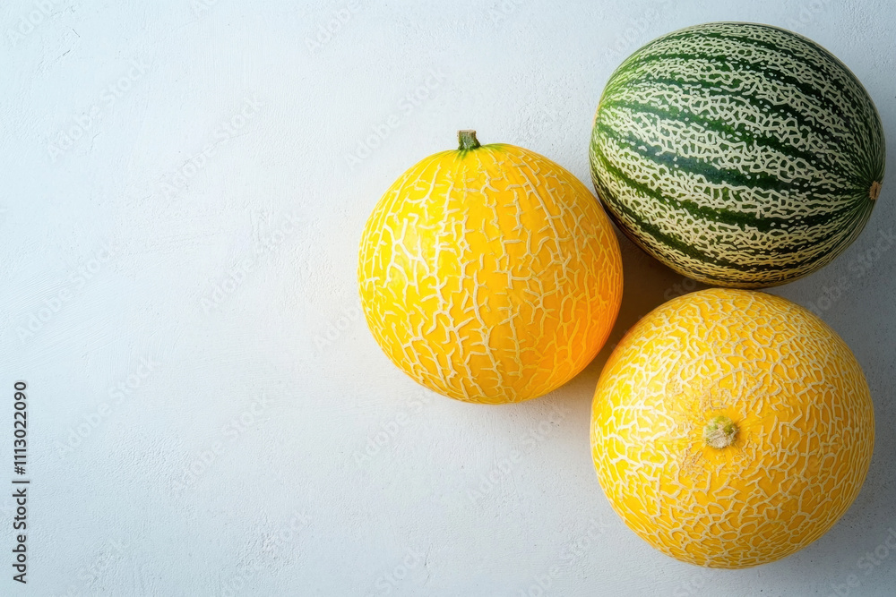 Three ripe watermelons on a wooden table in a green garden setting. Three ripe watermelons on a wooden table in a green garden setting.