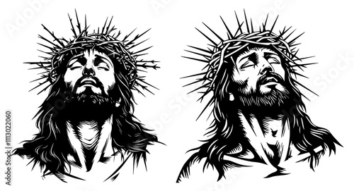 hand-drawn portrait of jesus christ in sorrow, monochrome line art