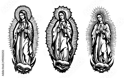 woodcut illustrations of the Virgin Mary with halo