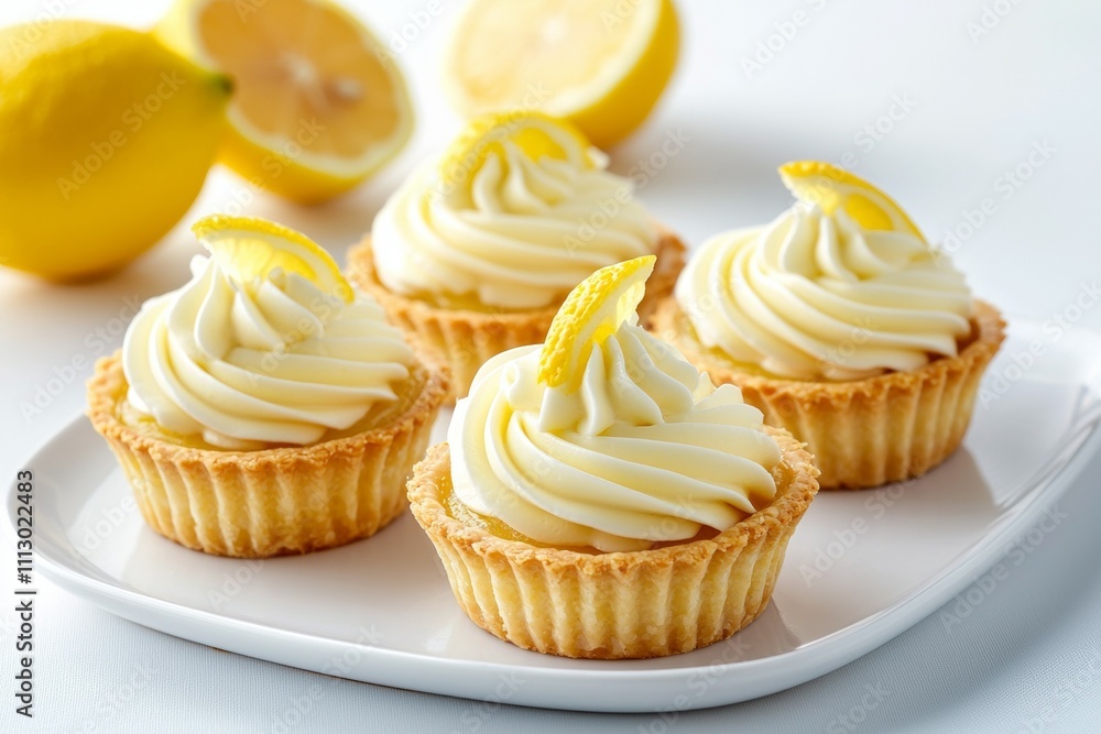 A plate of four lemon cupcakes with whipped cream on top A plate of four lemon cupcakes with whipped cream on top