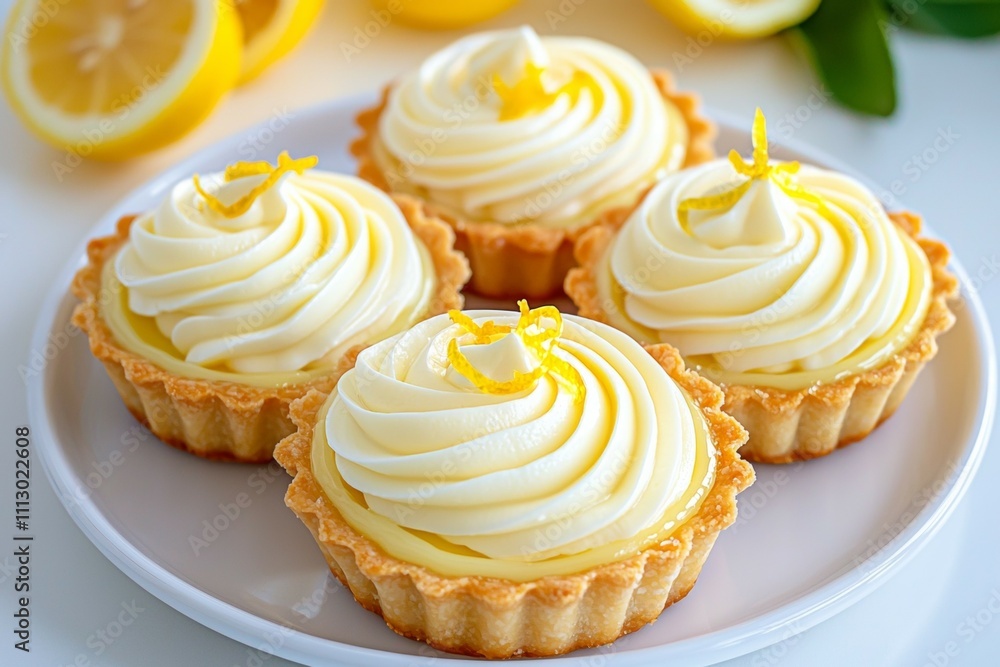 Four lemon tarts with whipped cream and lemon slices on top Four lemon tarts with whipped cream and lemon slices on top