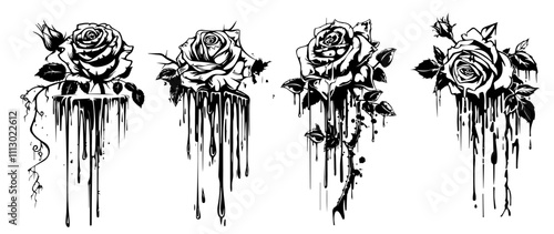 black and white illustration of roses with dripping ink effect, gothic style