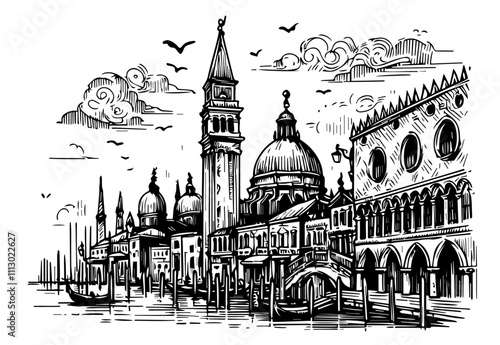 detailed black and white illustration of Venice canals
