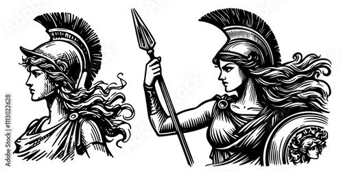 mythological warrior goddess with helmet and spear black vector design