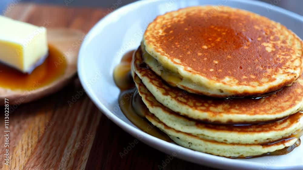 Fluffy pancakes drizzled with syrup on wooden table Fluffy pancakes drizzled with syrup on wooden table