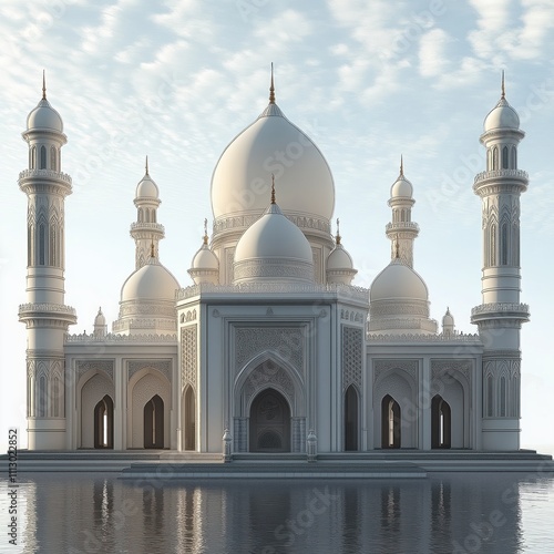 Wallpaper Mural Grand white mosque structure stands on water reflecting sky. Ornate architectural details. Islamic style architecture. Stunning design. Modern mosque. Peaceful scene. Architectural marvel. Religious Torontodigital.ca