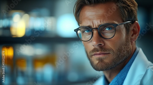 A researcher in a white lab coat and glasses is conducting experiments in a laboratory, focused on finding a cancer cure, highlighting the intersection of science and health.