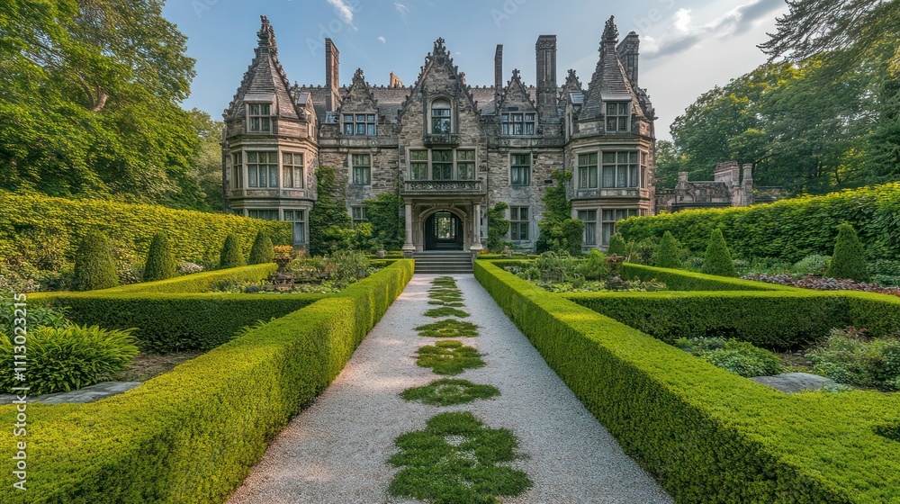 Stone palace with high turrets, surrounded by green hedges, ornamental trees, and elaborate garden paths. Stone palace with high turrets, surrounded by green hedges, ornamental trees, and elaborate garden paths.