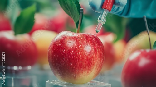 chemical injecting into the apple. The concept of GMO foods photo