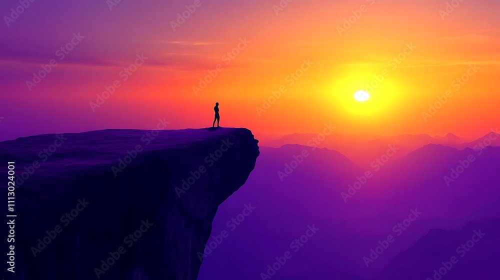 A lone silhouette on a cliff overlooking a stunning golden and purple sunset, the horizon vast and open, embodying the start of a journey filled with hope and change A lone silhouette on a cliff overlooking a stunning golden and purple sunset, the horizon vast and open, embodying the start of a journey filled with hope and change