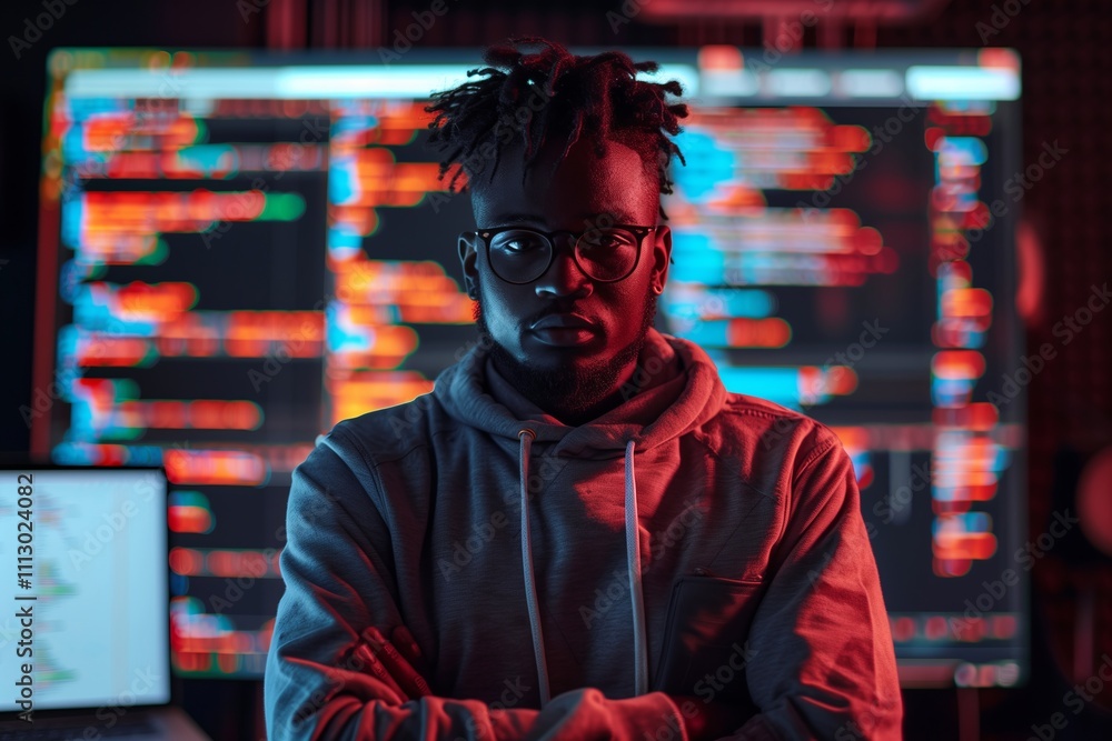 A focused individual stands before a screen filled with colorful code and data. A focused individual stands before a screen filled with colorful code and data.