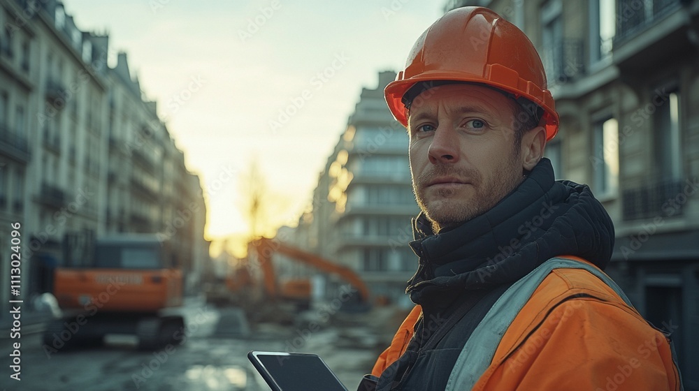 A portrait of a site supervisor or foreman in a hard hat, holding a digital tablet, dressed in safety gear, set against a construction site featuring excavators and machinery, with ample space for tex A portrait of a site supervisor or foreman in a hard hat, holding a digital tablet, dressed in safety gear, set against a construction site featuring excavators and machinery, with ample space for tex