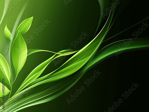 Vibrant green leaves intertwine with flowing lines in a serene natural design inspired by tranquility and harmony