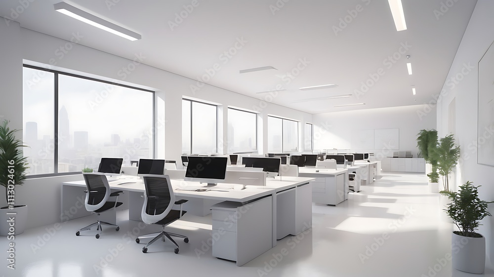 Modern White Office Space With City View Modern White Office Space With City View
