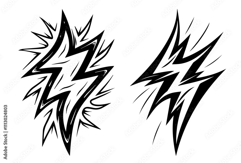 Naklejka premium collection of lightning bolt designs in hand-drawn black vector illustration