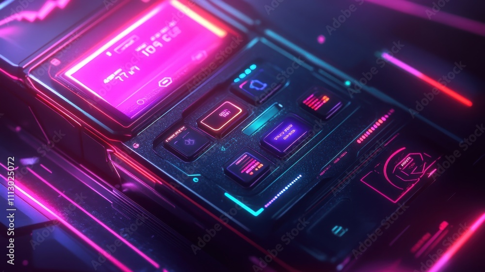 Futuristic neon-lit device with digital interface and glowing buttons. Futuristic neon-lit device with digital interface and glowing buttons.