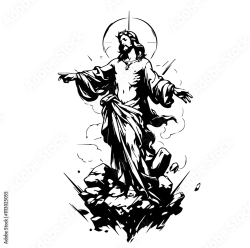 classic engraving of Jesus with a dynamic composition and spiritual symbolism