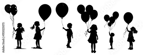 playful children with balloons in monochrome black vector design