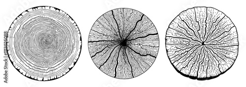 wood slices with growth rings in monochrome sketch black vector art