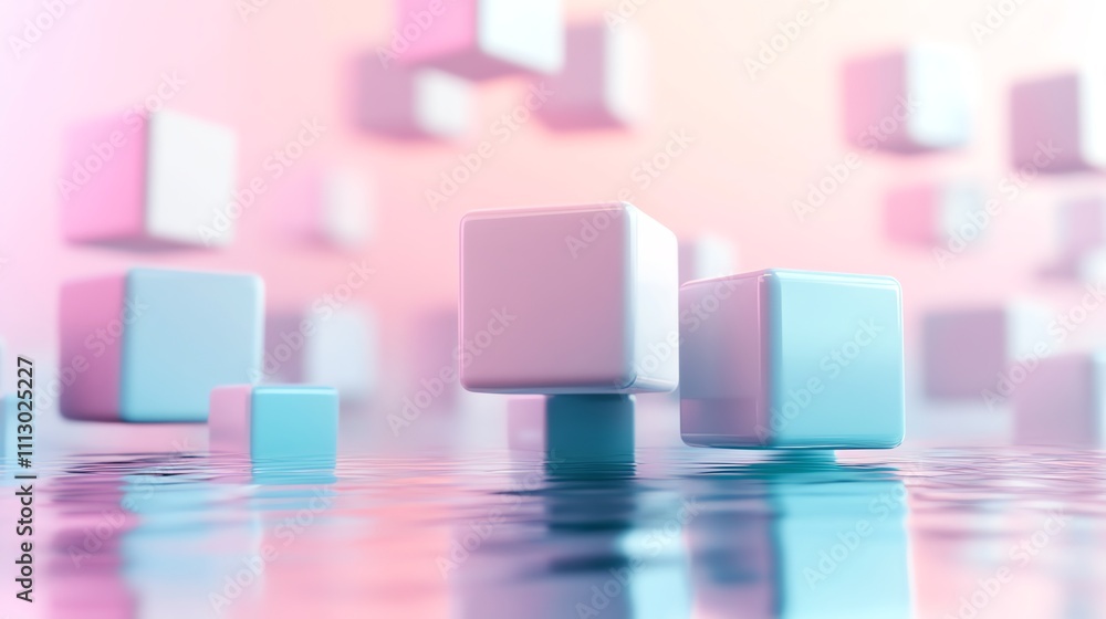 A minimal 3D rendering of pastel pink and blue cubes floating on a reflective surface. A minimal 3D rendering of pastel pink and blue cubes floating on a reflective surface.