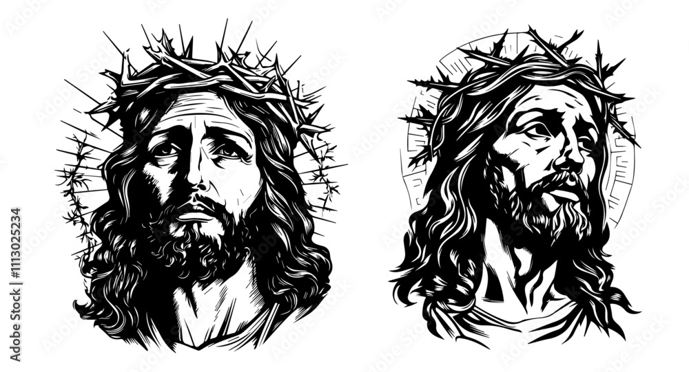 jesus christ portraits with spiritual expression black vector design jesus christ portraits with spiritual expression black vector design