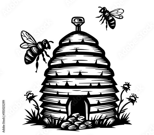 traditional beehive with bees in hand-drawn black vector illustration