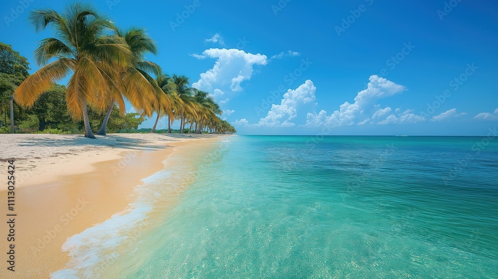 Fototapeta premium Serene tropical beach scene with calm turquoise water. Palm trees line the shore. Soft light and clear blue sky. Peaceful scene ideal for relaxation or vacation.