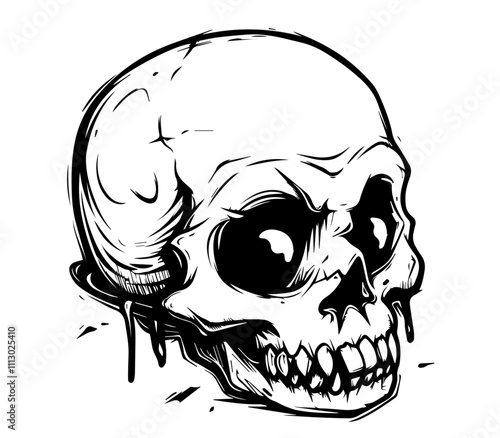 detailed skull with grunge splatter effect in hand-drawn black vector