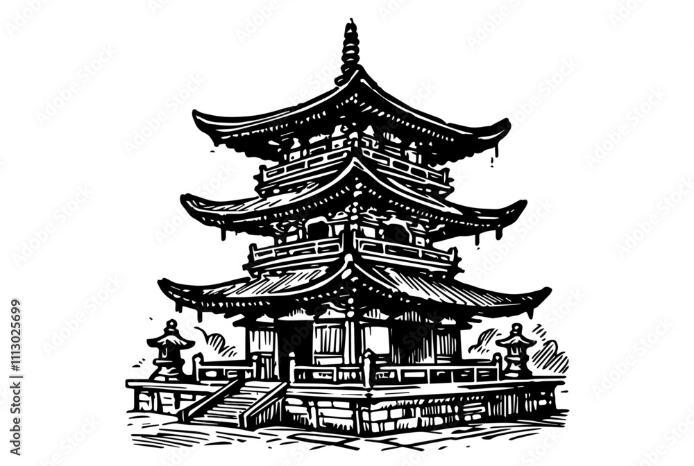 Fototapeta premium historic japanese architecture and cherry blossoms hand-drawn black vector