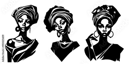 traditional african beauty in monochrome hand-drawn portraits black vector