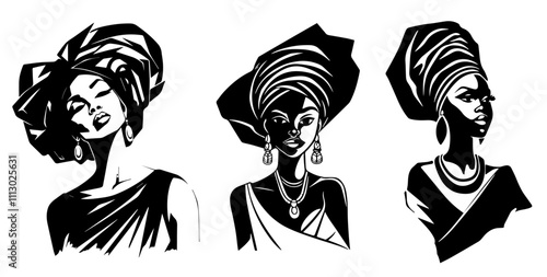 traditional african beauty in monochrome hand-drawn portraits black vector