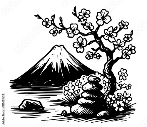 cherry blossoms and mount fuji in minimalist ink drawing black vector