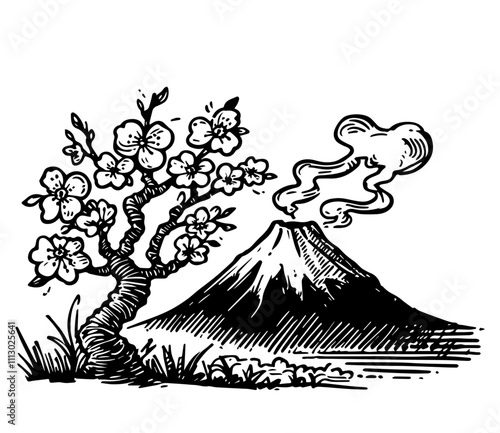 cherry blossoms and mount fuji in minimalist ink drawing black vector