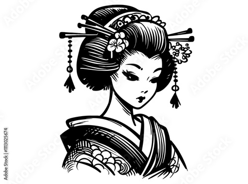 elegant geisha in traditional kimono hand-drawn black vector illustration