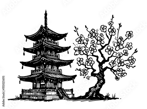 historic japanese architecture and cherry blossoms hand-drawn black vector