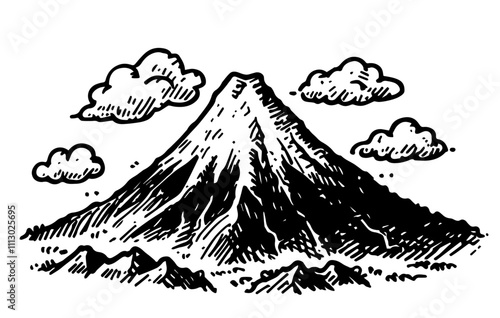 cherry blossoms and mount fuji in minimalist ink drawing black vector