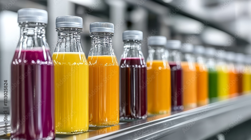 Modern fruit juice factory production line, vibrant bottles of juice moving on a sleek conveyor, stainless steel machinery reflecting light, clean and efficient Modern fruit juice factory production line, vibrant bottles of juice moving on a sleek conveyor, stainless steel machinery reflecting light, clean and efficient