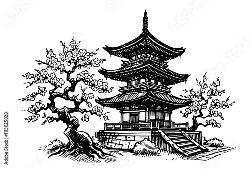 historic japanese architecture and cherry blossoms hand-drawn black vector