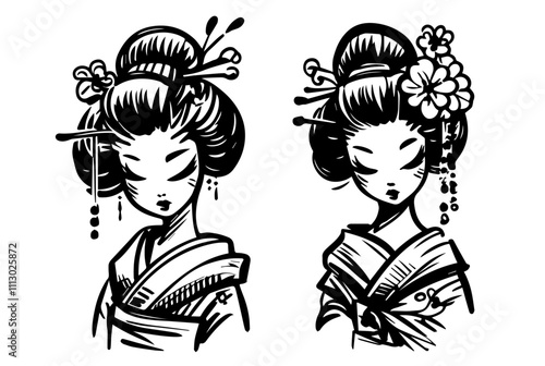 elegant geisha in traditional kimono hand-drawn black vector illustration