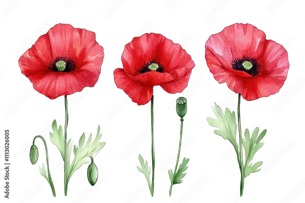 Red poppy in watercolor technique, sparkling with bright petals