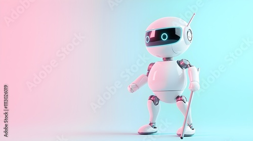 Cute AI robot with broken leg, supported by cane, pastel background