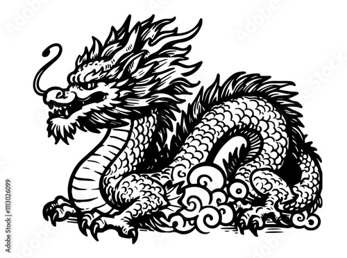 mythical asian dragon design in monochrome black vector drawing photo