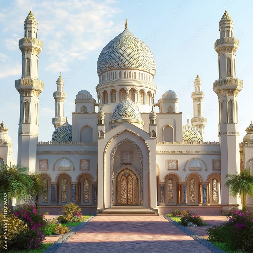 Fototapeta premium Impressive 3D model of mosque exterior. Architectural design shows detailed domes, minarets. Rich landscaping surrounds building. Peaceful, serene atmosphere. Suitable for architectural, religious